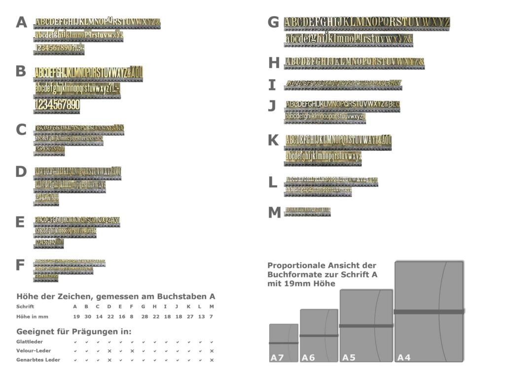 Unsere Schriftarten für eine Text-Prägung in Leder. 